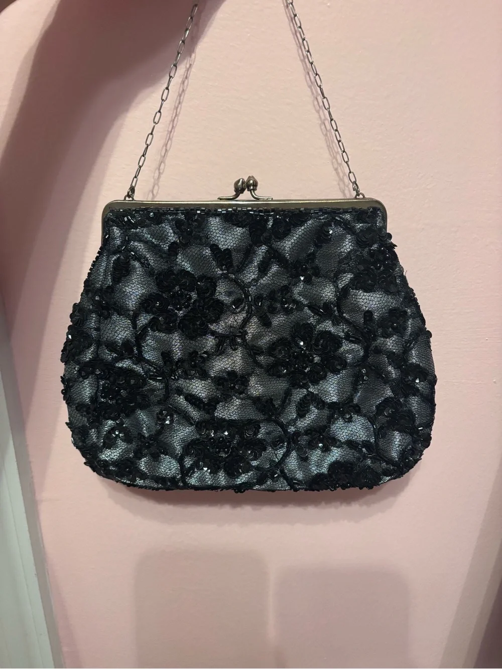 Vintage Satin Black Beaded Evening Bag